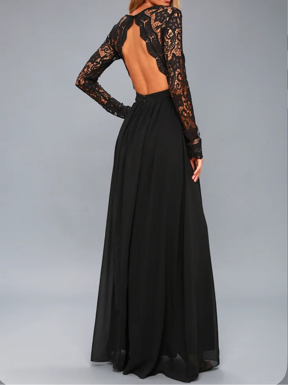 Lulu's Black Awaken My Love Lace Open-Back Long Sleeve Maxi Dress